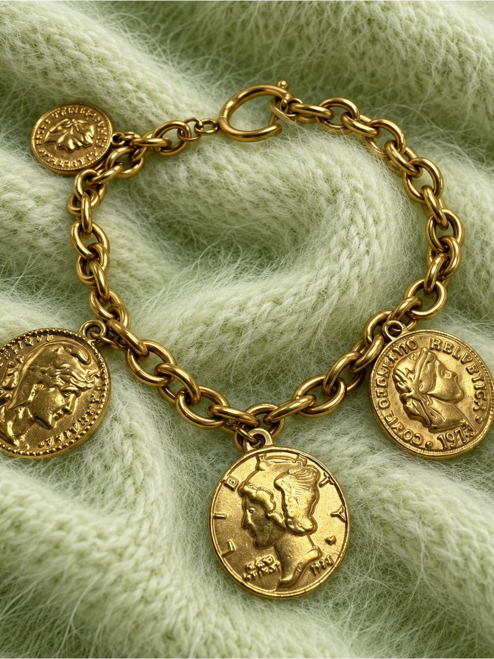 14K Gold Plated Coin Charm Statement Bracelet